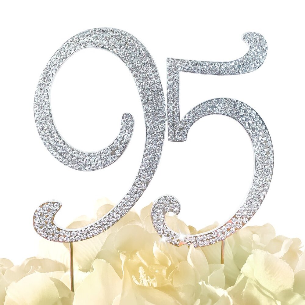Rhinestone Cake Topper - Number 95 - Silver Metal with Czech Rhinestones